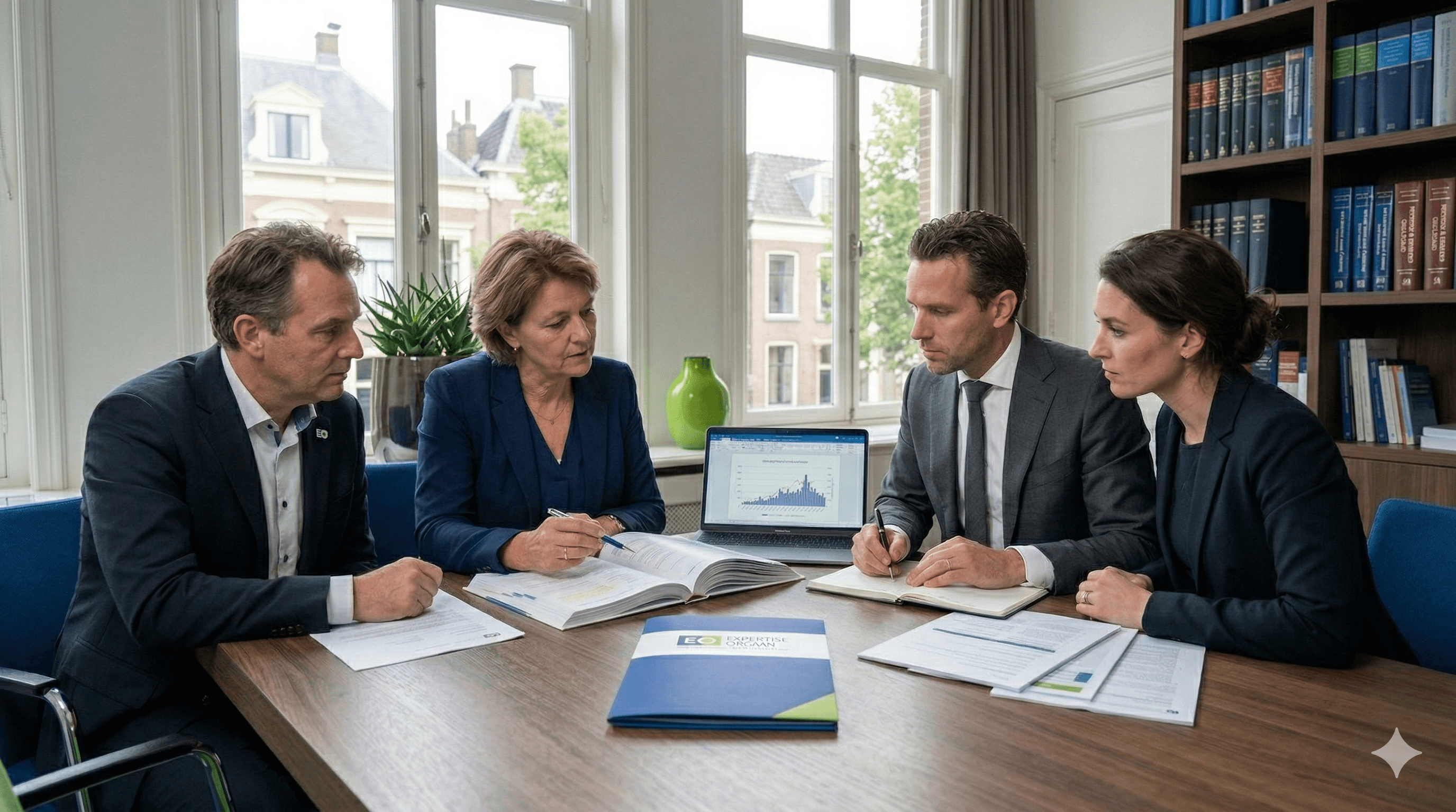 Onafhankelijk medisch advies voor advocaten, weergegeven door een arts en jurist die samen een dossier doornemen.