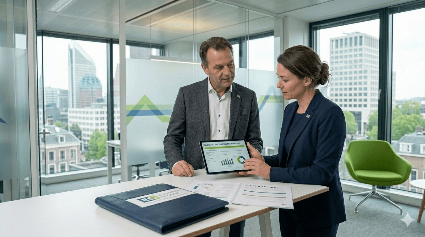 Assurantietussenpersoon adviseert een ondernemer over een complexe AOV-claim.