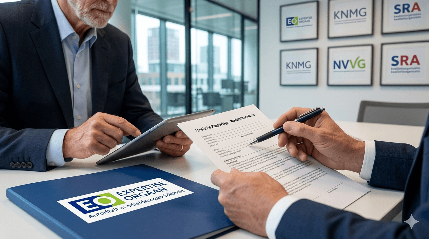 Onderzoeksrapport en NVVG-richtlijnen op het bureau van een verzekeringsarts.